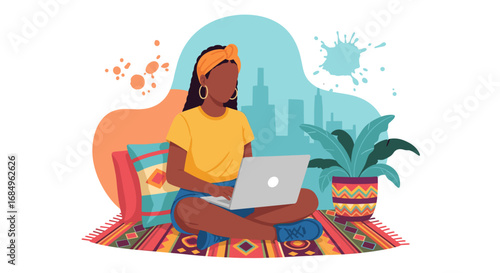 Young Black woman working on laptop in a cozy, colorful home setting, representing remote work, freelance, or online education.