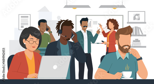 Diverse business professionals collaborate in a modern office, utilizing technology for calls, data analysis, and productivity. Depicts teamwork and efficient communication.
