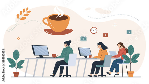 Three women focused on their laptops in a modern office, representing productivity, collaboration, and a vibrant work environment. Ideal for business, technology, and lifestyle concepts.