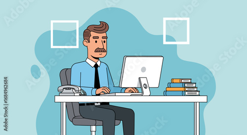 Professional businessman working diligently at a desk with a computer, phone, and books. Ideal for business, office, and productivity concepts.