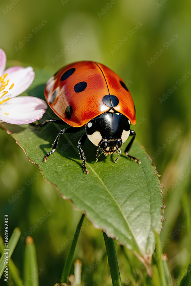 Fototapeta premium Ladybug on the grass close-up macro.created with the help of artificial intelligence.