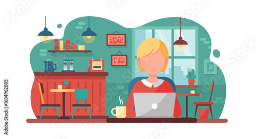 Focused individual working on a laptop in a cozy cafe setting. Represents remote work, productivity, freelancing, and digital lifestyle.