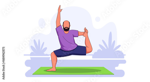 Illustrated man in a dynamic yoga pose on a mat, symbolizing balance, health, and fitness. Perfect for wellness, exercise, and mindful living concepts.