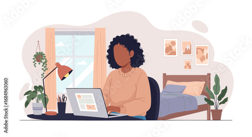 Young woman comfortably working from home on her laptop in a cozy bedroom setup. Ideal for remote work, online learning, or freelance lifestyle.