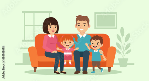 Happy family with parents and two children sitting on a cozy sofa at home, showcasing warmth, togetherness, and domestic life. Ideal for lifestyle and family concepts.