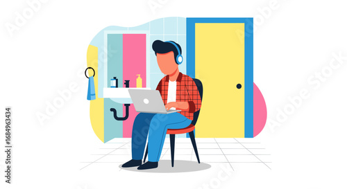 Person with headphones focused on a laptop in a domestic setting, symbolizing remote work, online learning, or digital nomad lifestyle. Ideal for business, technology, or lifestyle concepts.