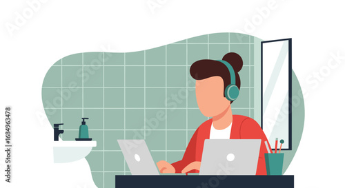 Focused person in headphones multitasking on two laptops, working remotely from an unconventional home office bathroom setup, highlighting modern work flexibility.
