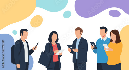 Modern professionals interacting with smartphones and tablets. Depicts digital communication, networking, technology, and contemporary business lifestyle.