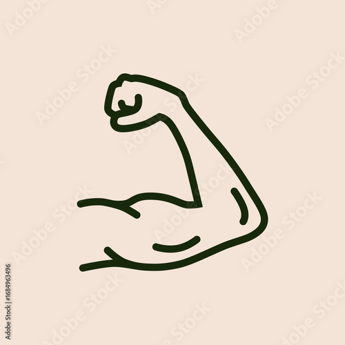 Minimalist line art of a flexed muscular bicep arm, symbolizing strength, power, fitness, health, bodybuilding, masculinity, and motivation. Strong arm flex icon is drawn in a clean outline style 