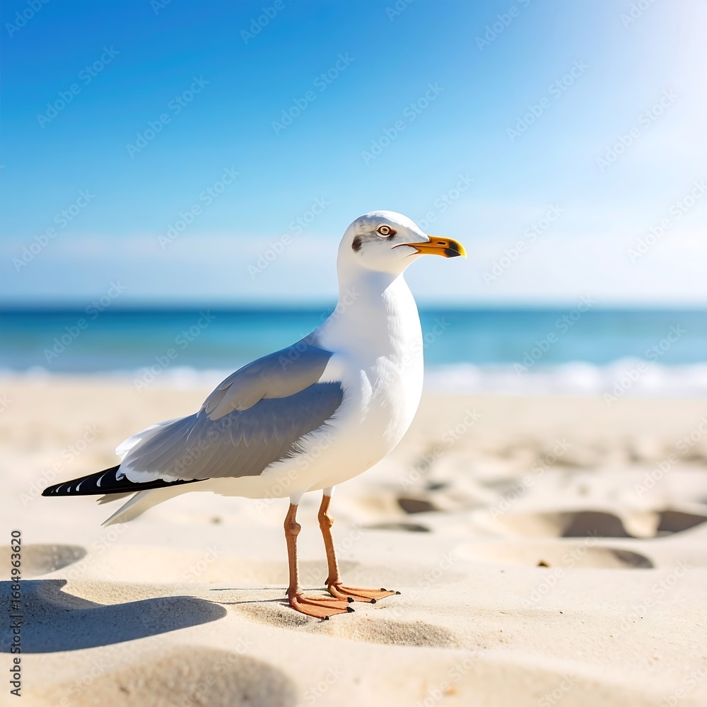 Fototapeta premium Seagull on a sandy beach under a clear sky