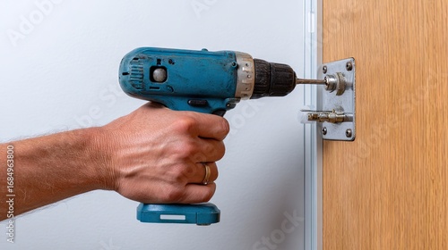 Person using a cordless drill to install a door lock.