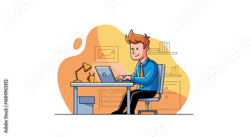 Smiling businessman working diligently on his laptop at a desk, representing productivity, remote work, and professional business concepts.