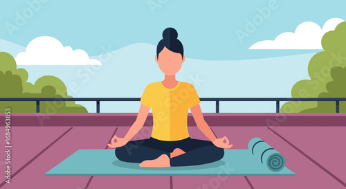 A calm woman meditates outdoors in a serene lotus pose on a yoga mat, promoting wellness, mindfulness, and healthy lifestyle practices. Ideal for themes of relaxation, fitness, and inner peace.