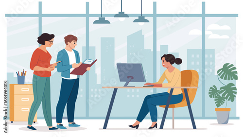 Business professionals collaborating and discussing work in a modern office with a city view, promoting teamwork and productivity.