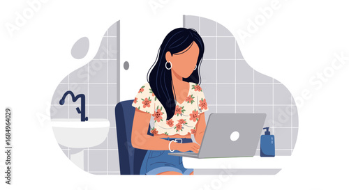 Young woman working remotely on her laptop in a modern home setting, symbolizing flexible work, productivity, and a contemporary lifestyle.