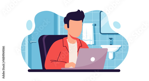 Man working on laptop in a bathroom setting, representing remote work flexibility, digital nomad lifestyle, and technology integration in daily life.