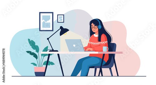 Young woman works remotely from home office, focused on her laptop with headphones, embodying comfortable productivity and modern freelance lifestyle.