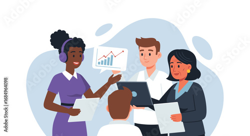 A diverse team of professionals collaborating on business strategy, analyzing data, and discussing progress for market growth.