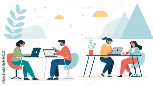 Diverse team of professionals working on laptops in a modern, collaborative office environment. Represents teamwork, remote work, and productivity for business concepts.