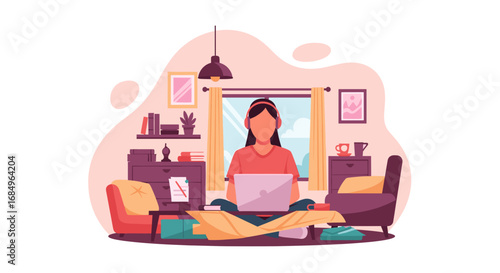Young woman working remotely on her laptop from the comfort of her home, wearing headphones. Modern lifestyle concept for flexible work and online learning.