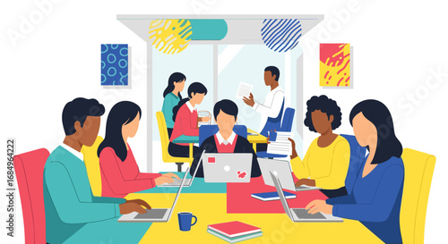 Professional team collaborating in a modern office, utilizing laptops and reviewing documents. Ideal for illustrating business meetings, teamwork, and productivity concepts.