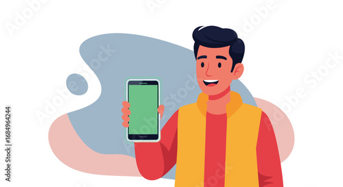 Cheerful cartoon man holds up a smartphone with an empty green screen, perfect for illustrating new applications, technology, or interactive digital content.