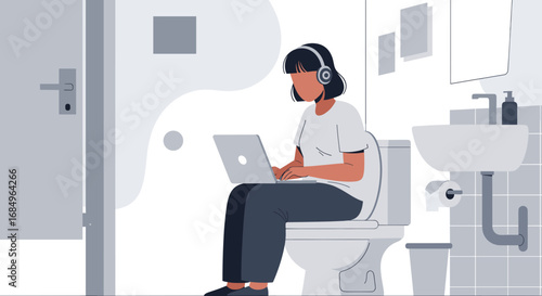 Modern woman in headphones working on a laptop while sitting on a toilet, illustrating remote work, multitasking, or the blurring lines of work-life balance.