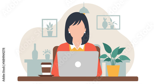 Professional woman working diligently on her laptop in a comfortable, modern office setting. Ideal for themes of remote work, business, and productivity.