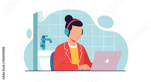 Focused professional in headphones works on laptop, representing remote business communication, online learning, or flexible modern work lifestyle.