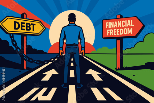 Debt vs Financial Freedom Illustration – Man Choosing Path to Money Independence