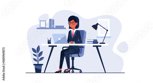 Professional woman in an office working diligently on her laptop, embodying productivity, digital business, and corporate success.