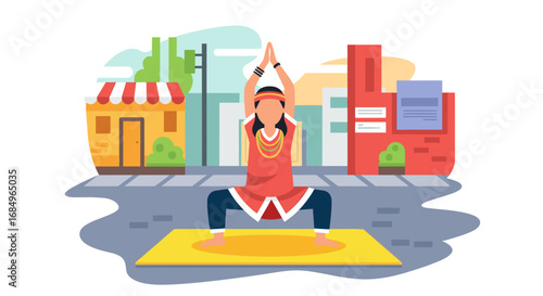 Person in traditional attire practices yoga (Goddess Pose) outdoors in a vibrant urban setting, symbolizing wellness, balance, and mindful living.