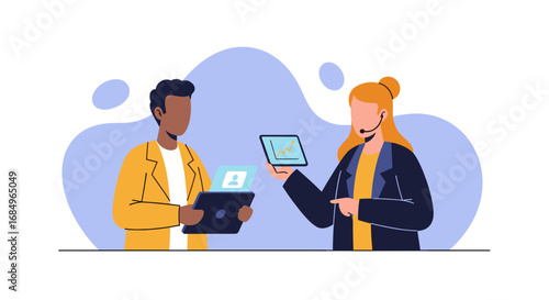 Two business professionals collaborate, analyzing data on tablets. Concept of business growth, communication, and technological partnership.