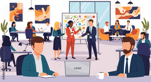 Diverse business professionals collaborate in a vibrant office environment, featuring a presentation and engaged teams working together. Perfect for modern workplace concepts.