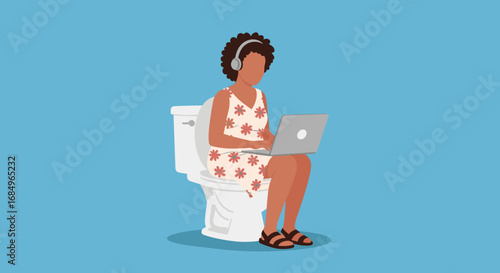 Woman wearing headphones and using a laptop while sitting on a toilet, humorously depicting remote work, multitasking, or personal time.