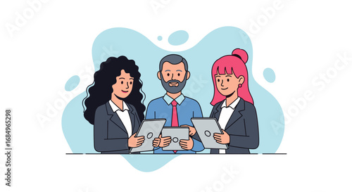 Professional business team collaborating and discussing strategy with digital tablets, ideal for concepts of teamwork, technology, and corporate success.