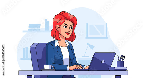 A confident business woman with red hair works diligently on her laptop at an office desk, embodying productivity and professional success.