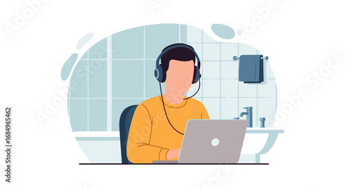 Illustrative man in headphones with a laptop, working remotely from a bathroom. Represents flexible work, home office, or quirky productivity solutions.