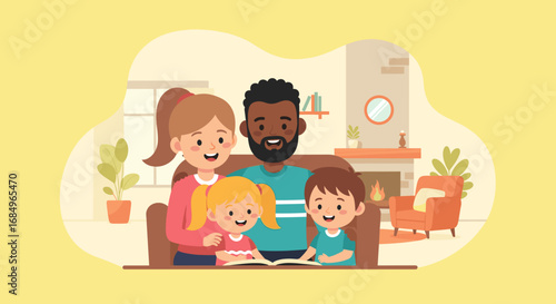 Happy diverse family reading a book together in their cozy living room. Illustrates family bonding, education, and quality time at home.