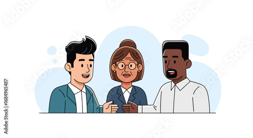 Diverse business professionals collaborating, discussing ideas, and building connections. Represents teamwork, communication, and inclusive corporate environments.