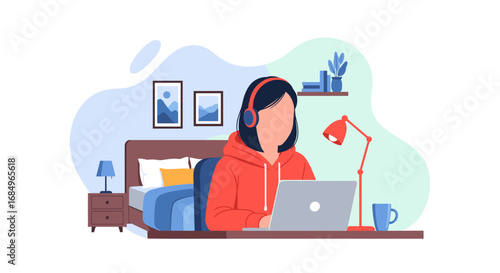 Woman in headphones working remotely on laptop from a comfortable home bedroom setting. Represents freelance work, online education, or modern digital lifestyle.