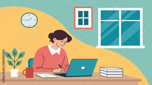 A focused woman works diligently on her laptop in a bright, modern home office setting, ideal for remote work, productivity, and online learning concepts.