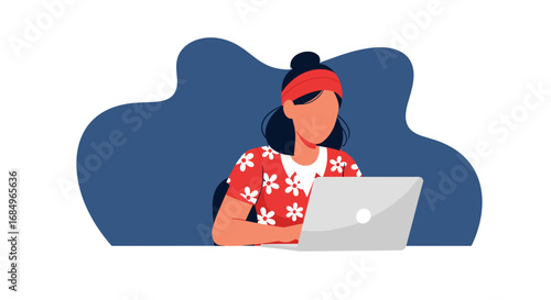 Young woman in a vibrant red floral top and headband working intently on her laptop. Ideal for remote work, online learning, or casual business concepts.
