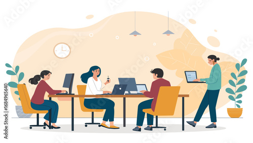 A diverse team of professionals collaboratively working in a modern, productive office environment. Ideal for showcasing teamwork, business, and technology concepts.
