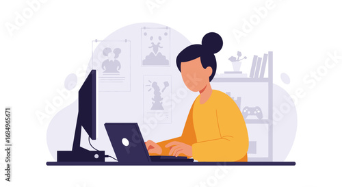 Focused person working remotely on a laptop in a modern home office. Ideal for themes of productivity, online education, or freelance work.