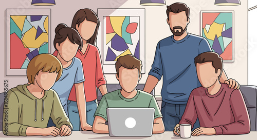 Group of diverse professionals collaborating around a laptop, working together on a project in a modern office environment. Emphasizes teamwork and digital communication.