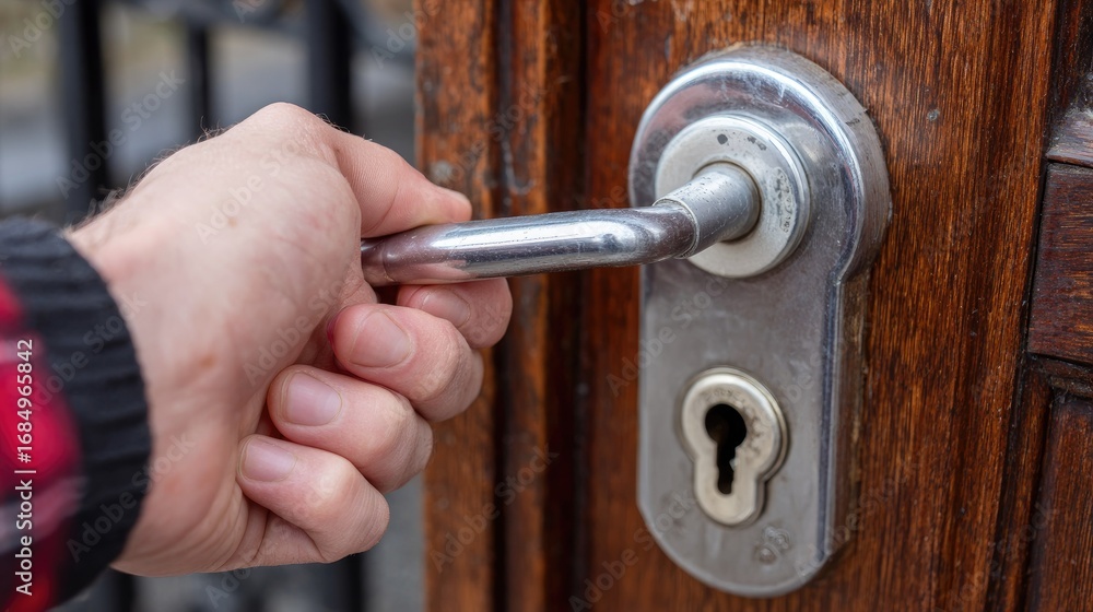 Obraz premium A hand turning a door handle on a wooden door.