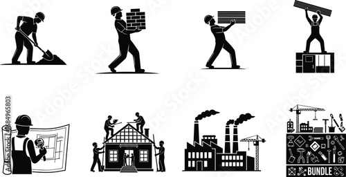 Construction worker silhouettes, building industry, factory, blueprint, heavy lifting, home building, tools, crane, contractor, engineering, labor icons.