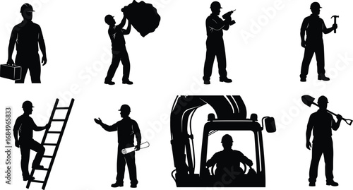 Construction worker silhouettes, laborer icons, contractor tools, industrial job illustrations, engineer poses, heavy equipment, safety gear, building site work