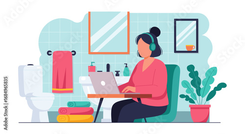 A woman wearing headphones works on a laptop in a bathroom, illustrating remote work flexibility and unconventional office spaces.